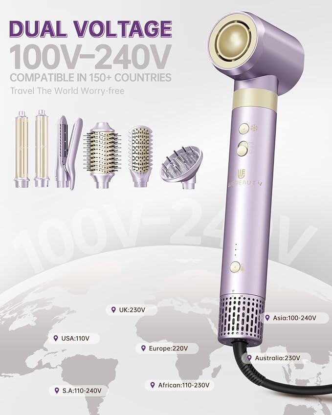 Hair Dryer Brush 8-in-1 Dual Voltage Hot Air Styler – Fast-Drying 110,000 RPM Ionic Blow Dryer with Straightener & Curler Attachments, Frizz-Free Volumizing Styler with Protective Hard Case-Purple