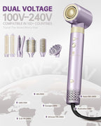 Hair Dryer Brush 8-in-1 Dual Voltage Hot Air Styler – Fast-Drying 110,000 RPM Ionic Blow Dryer with Straightener & Curler Attachments, Frizz-Free Volumizing Styler with Protective Hard Case-Purple