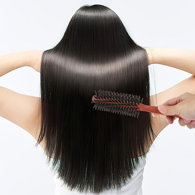 Round Boar Bristle Hair Brush 8.5 Inch Wooden Handle Curly Comb for Men and Women Styling Blow Drying Soft Hair Care