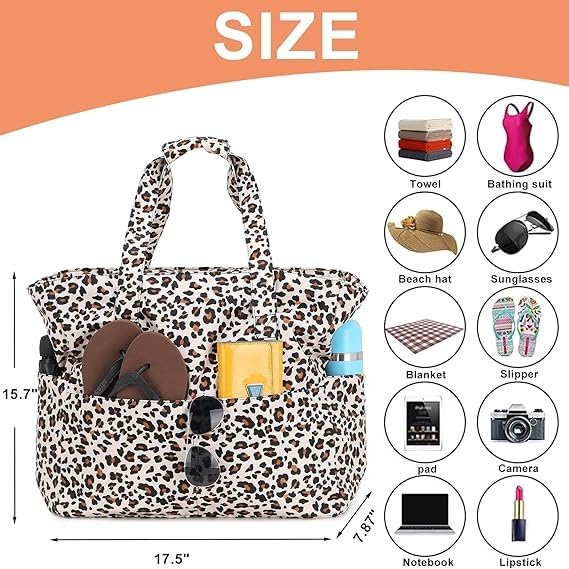 Water Resistant Beach Tote Pool Bags Women Ladies Large Gym Tote Carry On Bag With Wet Compartment for Weekender Travel (B Leopard)