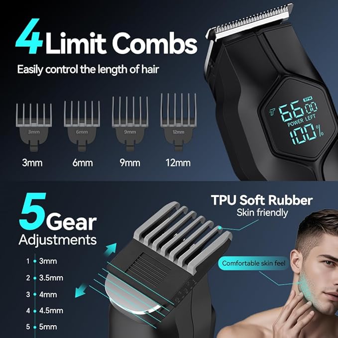5-in-1 Electric Beard Trimmer Body Hair Trimmer Kit, Professional Cordless Hair Clippers for Men Rechargeable, IPX7 Waterproof Mens Grooming Kit for Face, Mustache, Body, Nose, Gifts for Men (Black)