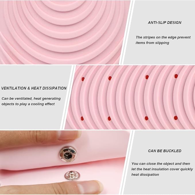 Heat Insulating Silicone Mat Pouch for Hair Straightener, Anti-Slip Travel Pad Cover for Curling & Flat Iron, Portable Styling Heat Mat Holder for Curler Wand and Hot Waver (Pink)