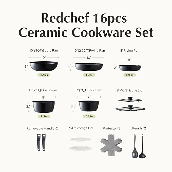 Redchef 16pcs Ceramic Pots and Pans Set Non Stick, Nonstick Kitchen Cookware Set - Image 2