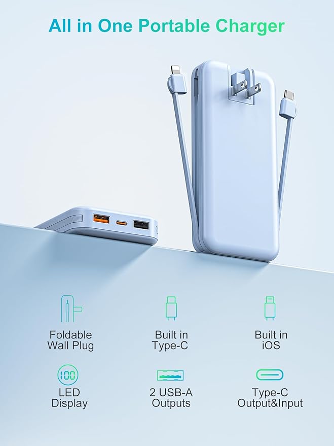 Portable Charger with Built-in Cables and Wall Plug, 12000mAh 22.5W USB C Power - Image 9