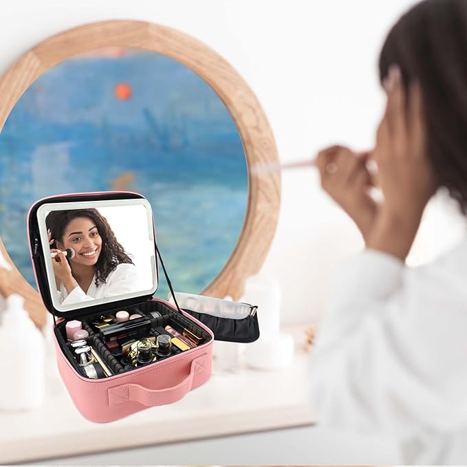 Travel Makeup Bag with LED Mirror Travel Makeup Organizer with 3 Lighted - Image 9