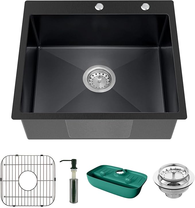 Black Kitchen Sink, Stainless Steel Topmount 25x22x9 Inch Single Bowl Drop In by Koardink