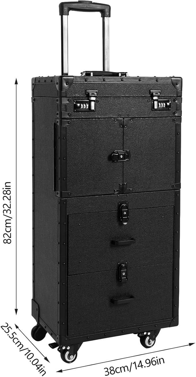Large Capacity Cosmetic Train Case, Lockable Makeup Train Case with 4 Universal Casters, 32.28 Inch Tall Travel Organizer Tool Box for Barber Stores Beauty Stores Nail Salons