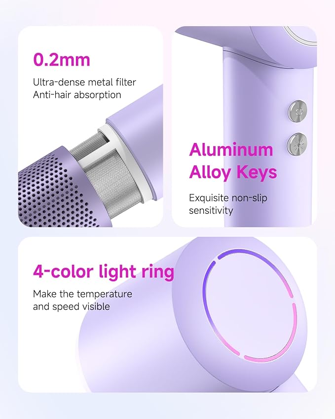 Hair Dryer with Diffuser & Comb Attachment for Curly Hair, PLUZZ 270M Negative Ionic Blow Dryer Brush, High-Speed 110,000RPM Brushless Motor Hairdryer, Lightweight Travel Hair Dryers Quiet, Women/Men