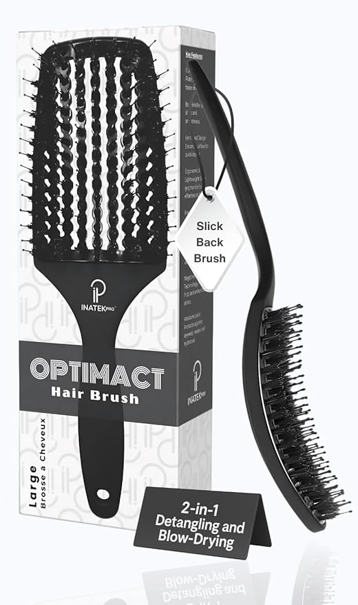 Curved Vented for Blow Drying - Boar Bristle Brush (Large) with Comfortable Handle - Soft Bristle Brush for Thick and Fine Hair - Natural Boar Bristles for Women, Men & Kids - Black