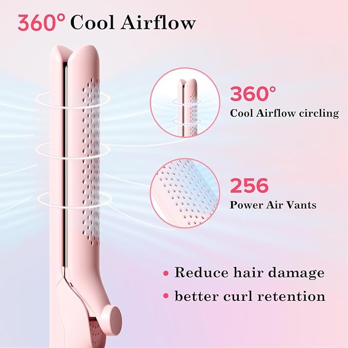 Hahahope Airflow 2 in 1 Straightener and Curler- 360° Airflow Styler Curling Iron, 1.25" Flat Iron Hair Straightener and Curler 2 in 1 for Short Long Hair, 5 Temps,Dual Voltage,Light Pink