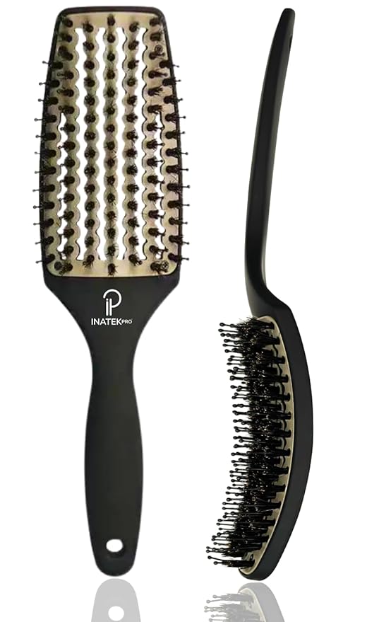 Curved Vented for Blow Drying - Boar Bristle Brush (Medium) with Comfortable Handle - Soft Bristle Brush for Thick and Fine Hair - Natural Boar Bristles for Women, Men & Kids - Grey