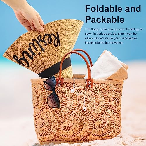Big Straw Sun Hats for Women Floppy Foldable Roll up Beach Cap Sun Hat UPF 50+ Vacation Honeymoon Embroidered Hat (Z Resting Beach Face: Khaki)