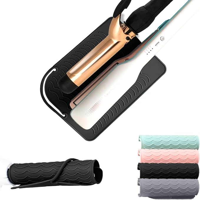 Flat Iron Heat Resistant Silicone Mat for Curling Iron, Hair Straightener Heat Pad, Curling Iron Sleeve, Travel Case Heat Resistant and Other Hair Styling Tools, for Counter, 9 x 6.5 in, Black