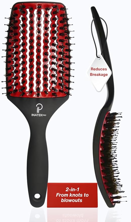 Curved Vented for Blow Drying - Boar Bristle Brush (Large) with Comfortable Handle - Soft Bristle Brush for Thick and Fine Hair - Natural Boar Bristles for Women, Men & Kids - RED