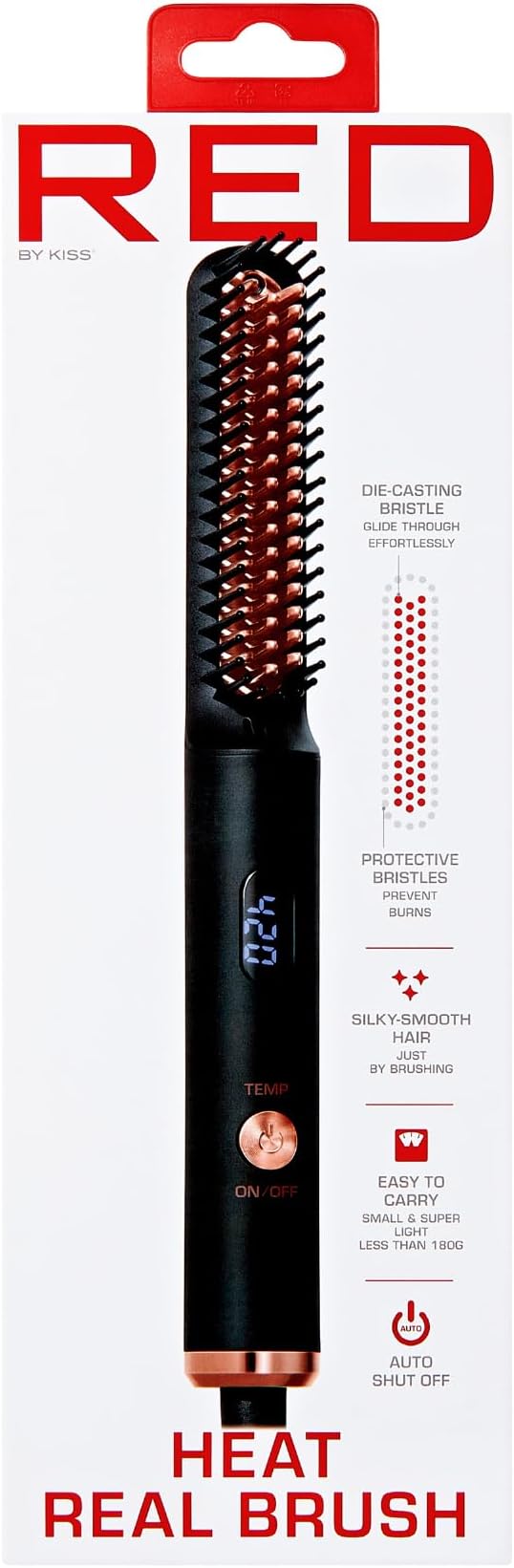 Red by Kiss Heat Real Brush, Auto Shut Off Straightener for All Hair Types, Portable & Easy to Carry, Protective Bristles for Silky Smooth Hair