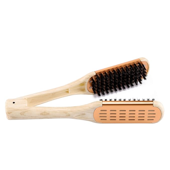 Aethland Boar Bristle Clamp Hair Brush, Double Sided Brush Clamp Straightener Hair Straightening Comb Styling Tools for Thick Coarse Hair- Smoothing and Straight Hair Styles（Golden ）
