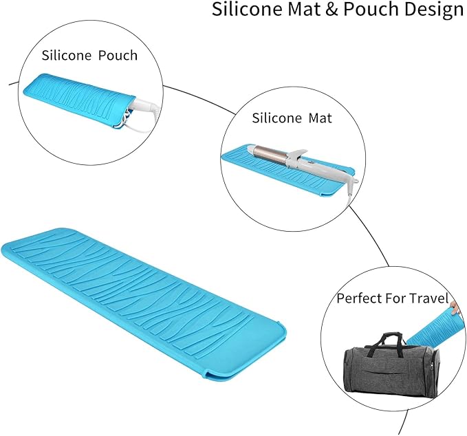 Silicone Heat Resistant Travel Mat Pouch for Hair Straighteners, Curling Irons, Wands, and Hot Styling Tools (Sky Blue) 1 Pack