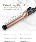 1 1/4 Inch Extra Long Barrel Curling Iron, Ceramic Tourmaline Curling Wand Professional Dual Voltage