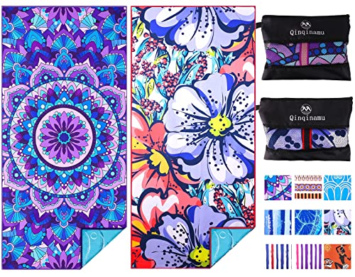 Microfiber Beach Towel with Bag Oversized 71x32 Sand Free 2 Pack (2 Pack Boho Flower Mandala / 71"x32")