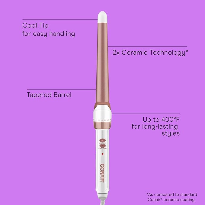 Conair Double Ceramic Tapered Curling Wand, Hair Wand Tapers 1¼ Inch to ¾ Inch to Produce Beachy Waves, 30 Heat Settings, For All Hair Types and Textures, White