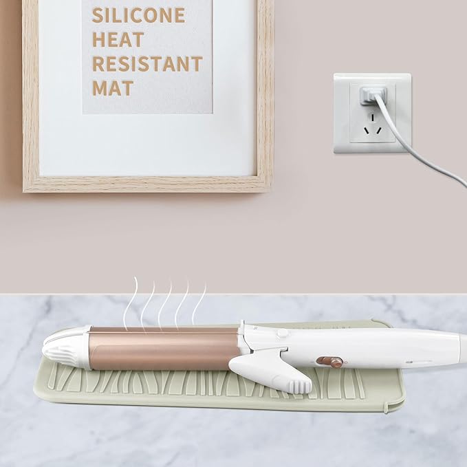 Silicone Heat Resistant Mat, Protects Surfaces from Heat Damage, Provides Slip Resistance, and Offers Multipurpose Storage for Hot Hair Styling Tools (1 Pack, Beige)