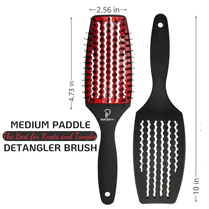 Curved Vented for Blow Drying - Boar Bristle Brush (Medium) with Comfortable Handle - Soft Bristle Brush for Thick and Fine Hair - Natural Boar Bristles for Women, Men & Kids - RED