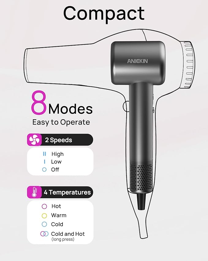 Hair Dryer, High-Speed Ionic Low Noise Blow Dryer for Fast Drying, Birthday Christmas Gifts for Women Men Mom Dad, Thermo-Control Quiet Compact Hair Blow Dryer for Travel Salon, Gray