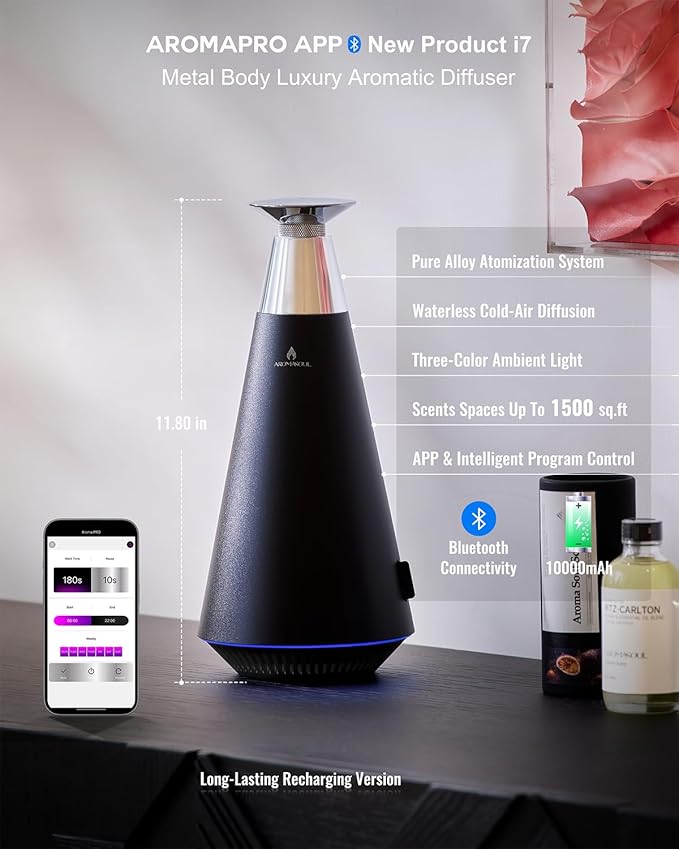 Waterless Scent Diffuser Starter Kit - 1500 Sq Ft Coverage, Alloy Atomization System,Mood Light,Smart Rechargeable Hotel Scent Diffuser, Including 120ml Essential Oil, for Home,Large Room,Spa,Black