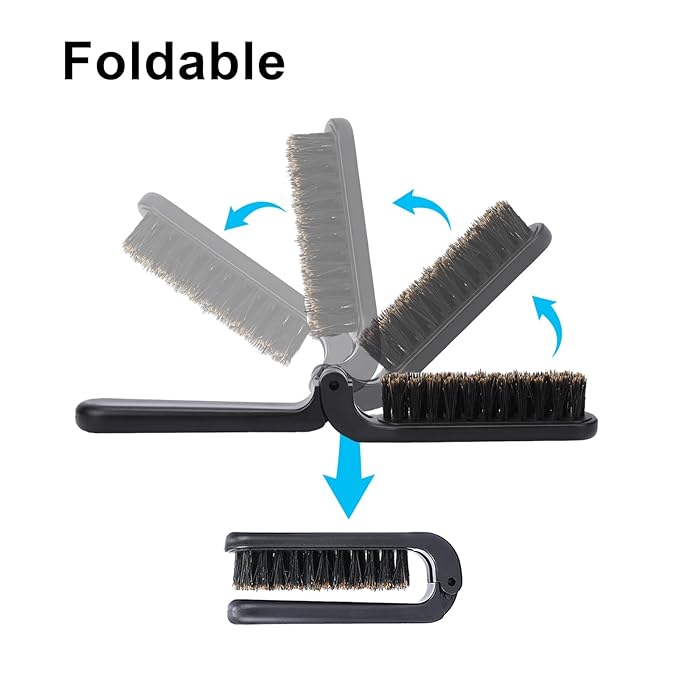 Mozeat Lens Folding Boar Bristles Brush, Collapsable Pocket Hair Brush with Natural Bristles, Anti-Static Range Hair Brush, Mini Beard Brush, Portable Hair Styling Tool for Women and Men