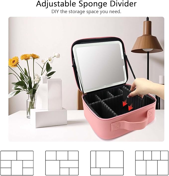 Travel Makeup Bag with LED Mirror Travel Makeup Organizer with 3 Lighted - Image 4