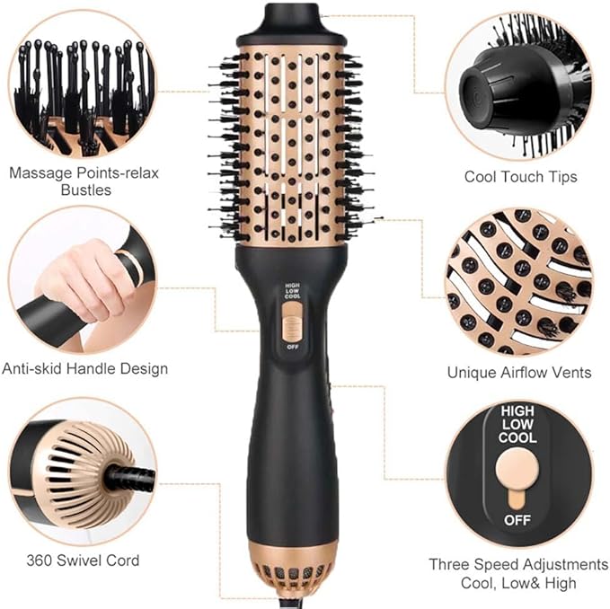 Hair Dryer Brush Blow Dryer in One Step, Upgraded 4 in 1 Hair Dryer and Styler Volumizer with Negative Ion Anti-frizz Ceramic Titanium Barrel Hot Air Brush Hair Straightener (Golden, Medium)