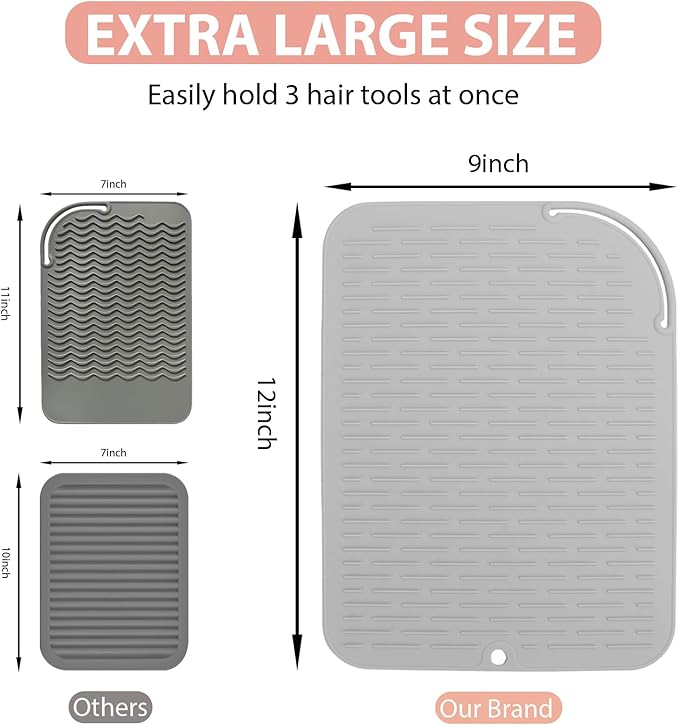 Large Silicone Heat Resistant Mat, Portable Travel Hot Hair Tools Holder Pad for Curling Iron, Flat Iron, Hair Straightener and Other Styling Tools(12.0" x 9.0")