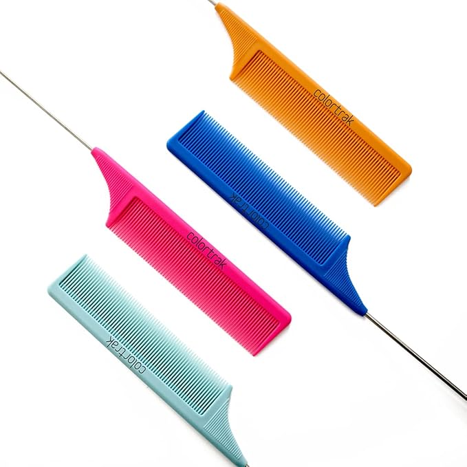 Colortrak Carbon Fiber Combs, Durable, Heat-Proof Comb, Anti-Static to Prevent Frizz, Bleach Safe Stainless Steel Pintail, 4pc Bag (Orange, Teal, Blue, Pink)