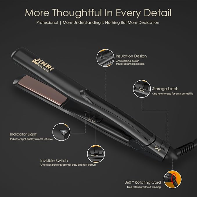 JINRI Titanium Plate Hair Straightener, 200℃ High Heat, 0.8" Mini Size, Dual Voltage for Global Travel, Suitable for All Hair Types & Styles