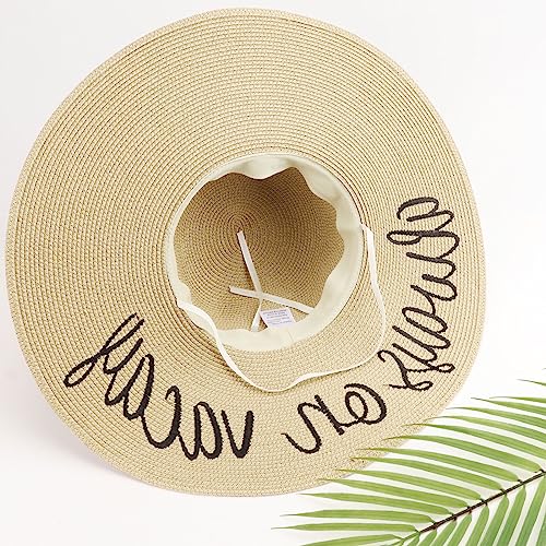 Big Straw Sun Hats for Women Floppy Foldable Roll up Beach Cap Sun Hat UPF 50+ Vacation Honeymoon Embroidered Hat (Ae Always on Vacay: Beige)