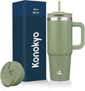 30 oz Tumbler with Handle and 2 Straws, 2 in 1 Lid Insulated Water Bottle by Konokyo