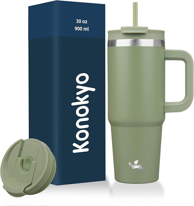 30 oz Tumbler with Handle and 2 Straws, 2 in 1 Lid Insulated Water Bottle by Konokyo