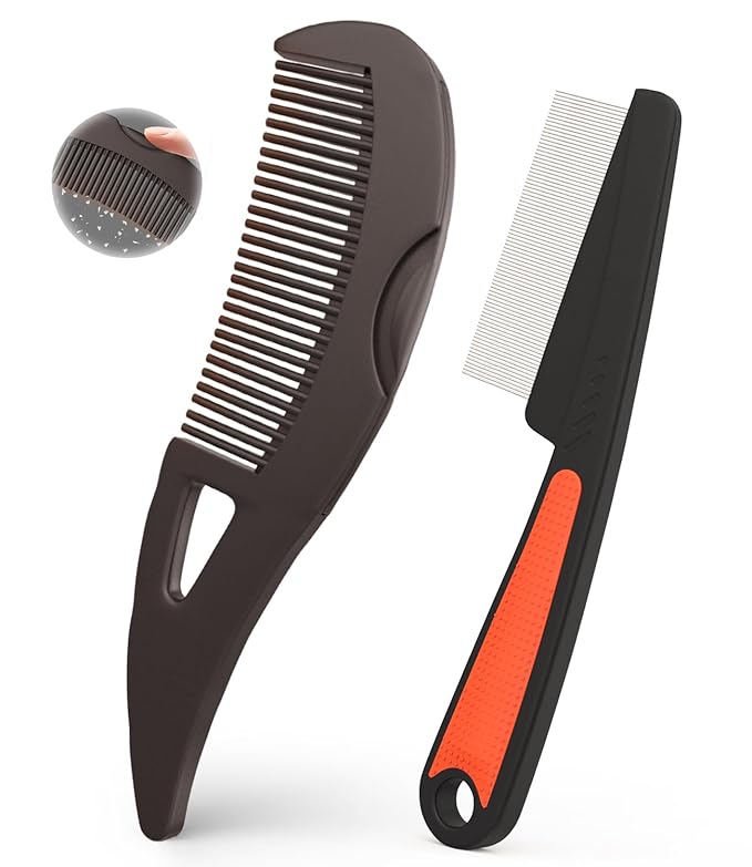 Dandruff Comb Fine Tooth Scalp Detox Comb Lice for Women, Men & Kids Stainless Steel Scalp Detoxing, Sweep & Massage Hair Brush Tool for Hair Care (Brown+Red)
