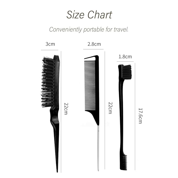 3-Piece Hair Styling Comb Set: Teasing Brush, Rat Tail Comb, Edge Brush for Women's Styling
