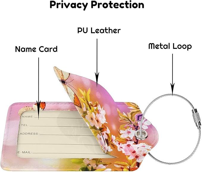 2 Packs Beautiful Spring Flowers PU Leather Luggage Tags Butterfly Suitcase - Image 3