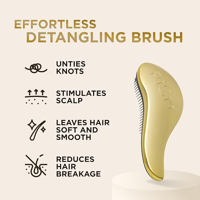 RICH Hair Care Golden Glamour Satin Touch Detangling Brush- Dry and Wet Hair Brush Detangler for All Hair Types - Keeps Hair Smooth, Anti-static, Reduces Frizz for Men, Women and Kids