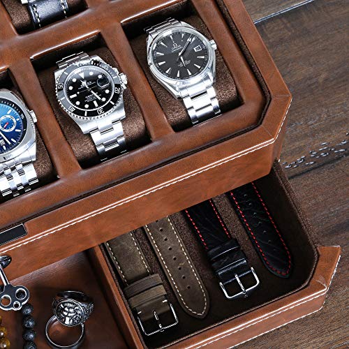 12 Slot Leather Watch Box with Valet Drawer (Tan / Brown)