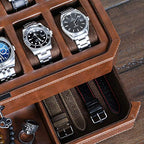 12 Slot Leather Watch Box with Valet Drawer (Tan / Brown)