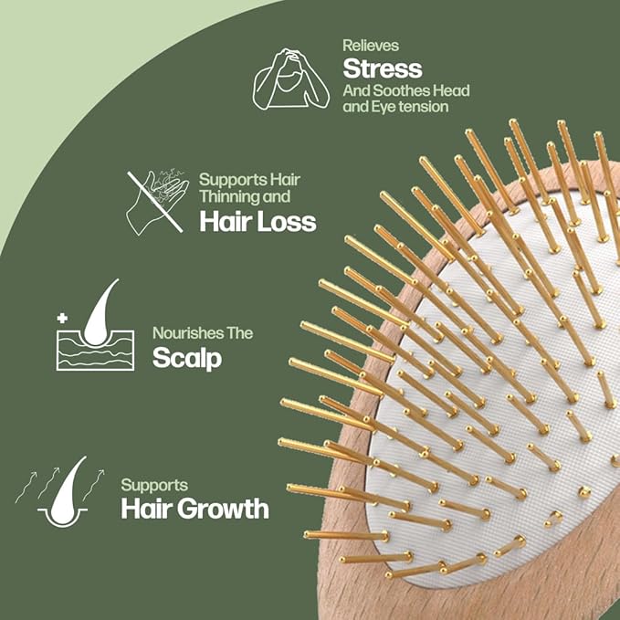 Uffy Acubrusher – 24K Gold-Plated Gua Sha Hair Brush - Ergonomic Scalp Massager for Dandruff & Hair Growth, Suitable for All Hair Types - Ideal Gift Choice in Beech Wood
