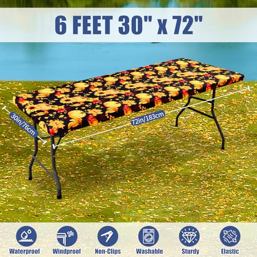2 Pack Rectangle Spandex 6FT Elastic Fitted Thanksgiving Tablecloth (Rust & Black / 72" x 30" (Rectangular))