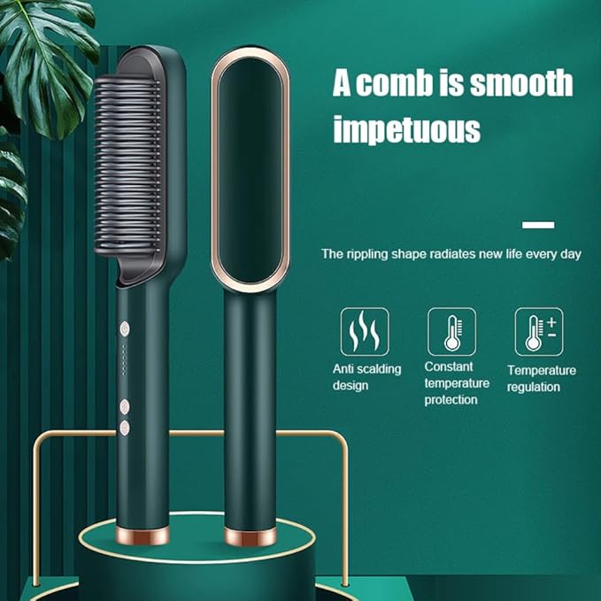 Professional Hair Straightener Comb, Beard Straightener Brush, Ceramic Plate Electric Hair Straightening Brush for Salon Results, Heating Straightener, Heated Electric Comb (Green)