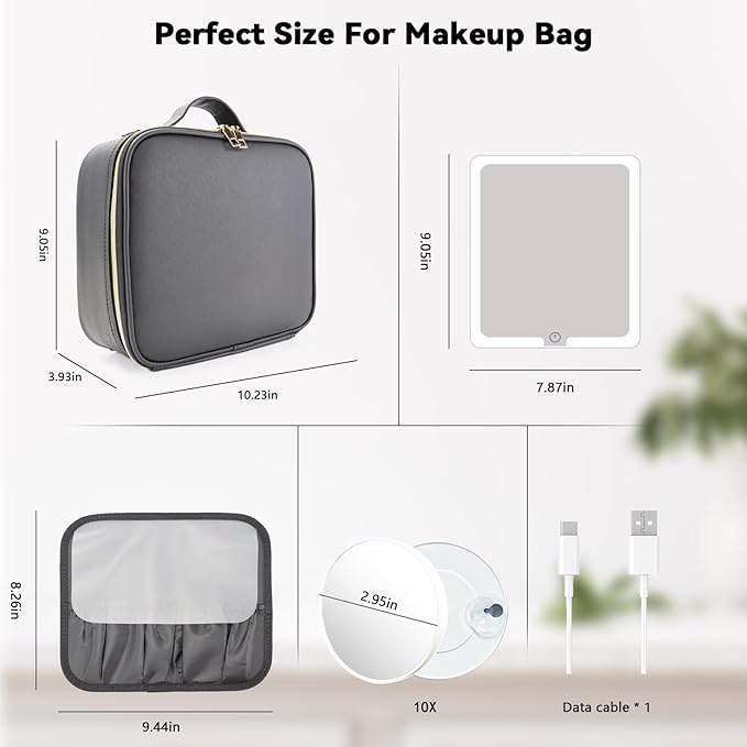 Travel Makeup Bag with LED Mirror and 10x magnifying glass with 3 Lighted - Image 8