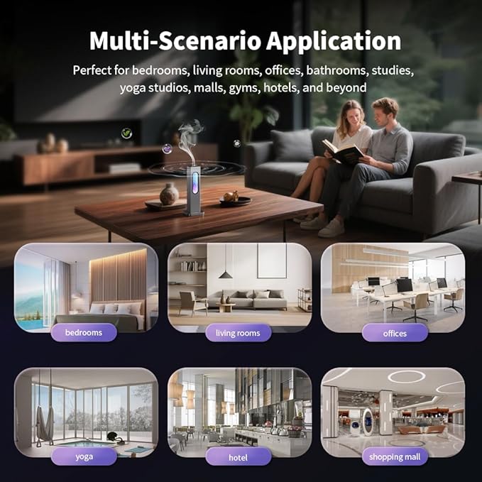 Waterless Scent Diffuser - Suitable for Home/Hotel/Shopping Mall/Yoga Air Diffuser,200㎡ Coverage,3 Gears Mist Adjustment, App Control, Multi-Color Neon Light,Without Essential Oil(Color:Dark Grey)