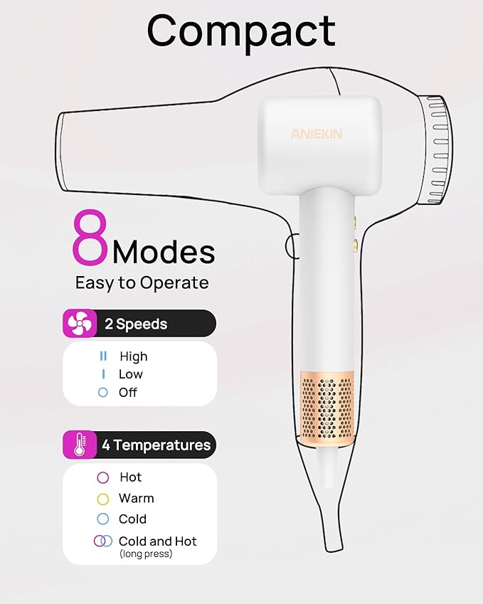 Hair Dryer, High-Speed Ionic Low Noise Blow Dryer with Brushless Motor for Fast Drying, Thermo-Control Quiet Compact Hair Blow Dryer with Magnetic Diffuser for Curly Hair for Home Travel Salon