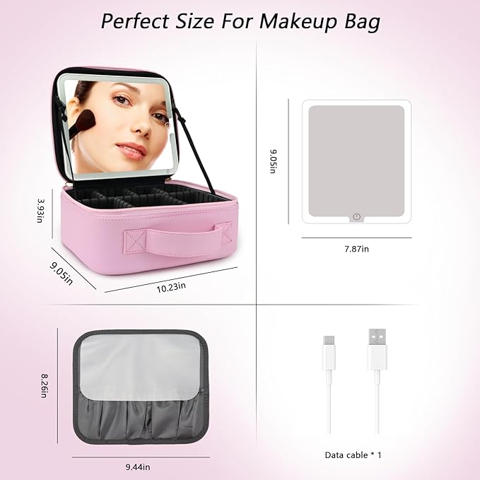 Travel Makeup Bag with LED Mirror Travel Makeup Organizer with 3 Lighted - Image 7